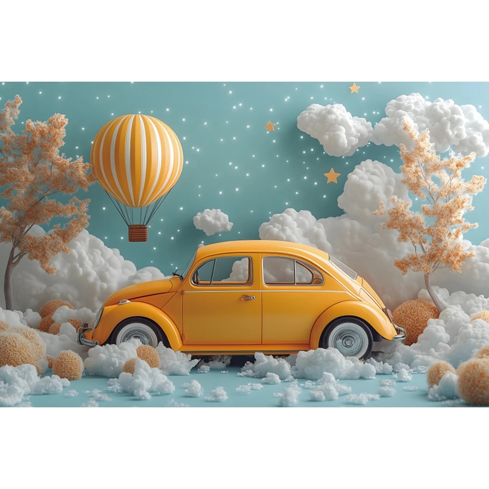 Star Car Photography Background Yellow Hot Air Balloon White Clouds Blue Wall Birthday Backdrop Baby Shower Decor Photo Studio