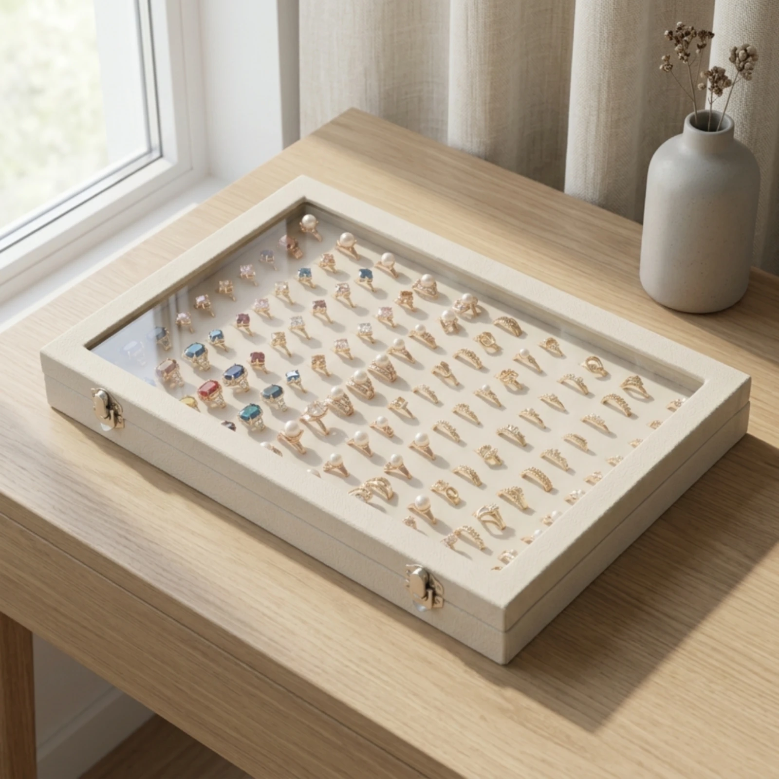 Jewelry Box with Glass Lid Rectangular Jewelry Organizer Box Slim Slim for Dresser, Vanity