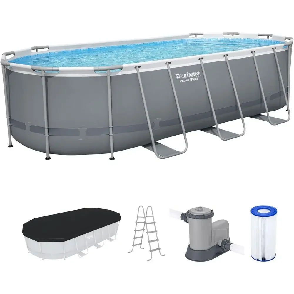 Oval Above Ground Swimming Pool Set, 18' x 9' x 48, with Filter Pump, Ladder, and Cover, Gray
