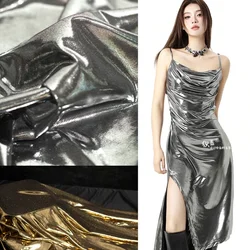 YLM Liquid Metal Texture Hot Silver Shiny Fabric Stretch Knitted Mirror Silver Suspender Dress Designer Fabric