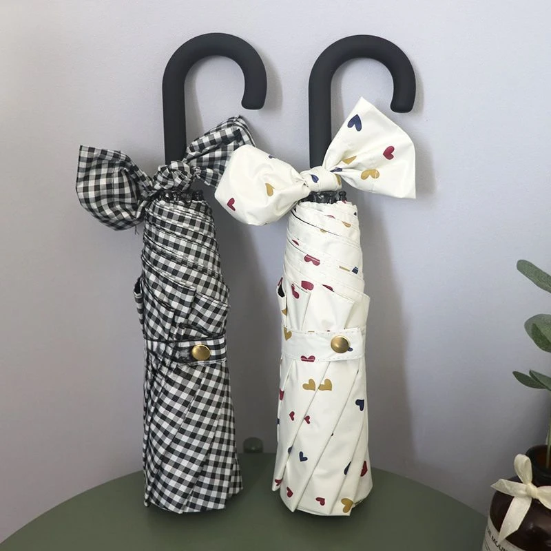 Plaid Printed Curved Handle Folding Sun Umbrella for Men and Women Three-fold Sun Protection and Shade Umbrella