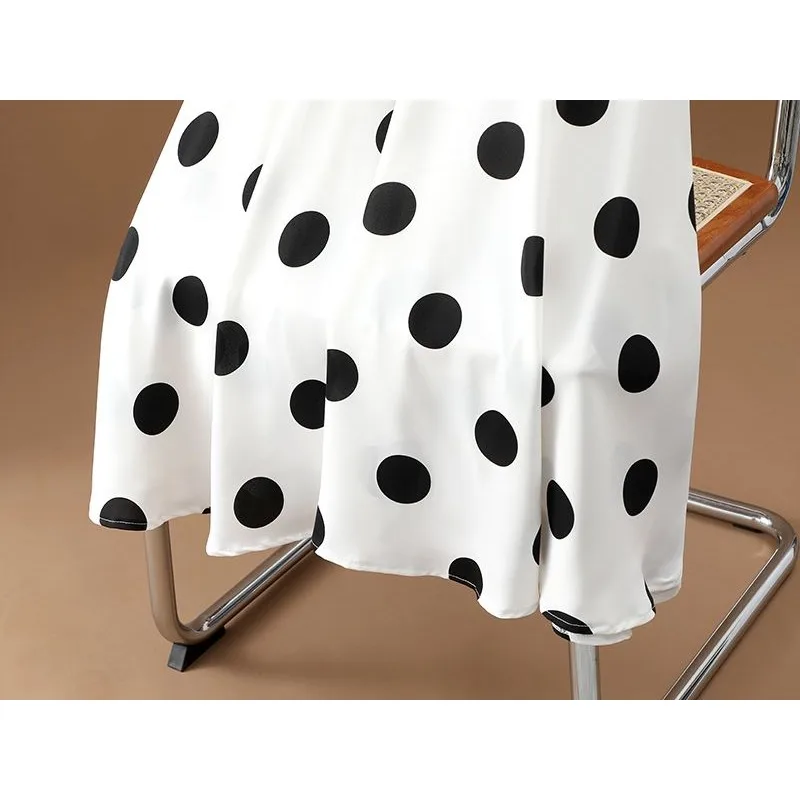 Tempérament grande jupe à pois femmes 2025 été nouvelle taille haute en mousseline de soie parapluie jupe mi-longue grand ourlet longue