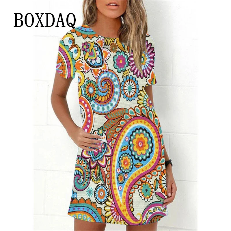 Mini vestido feminino com estampa 3D com decote em O, vestido de verão, casual, manga curta, vestido feminino solto, novo, 2023