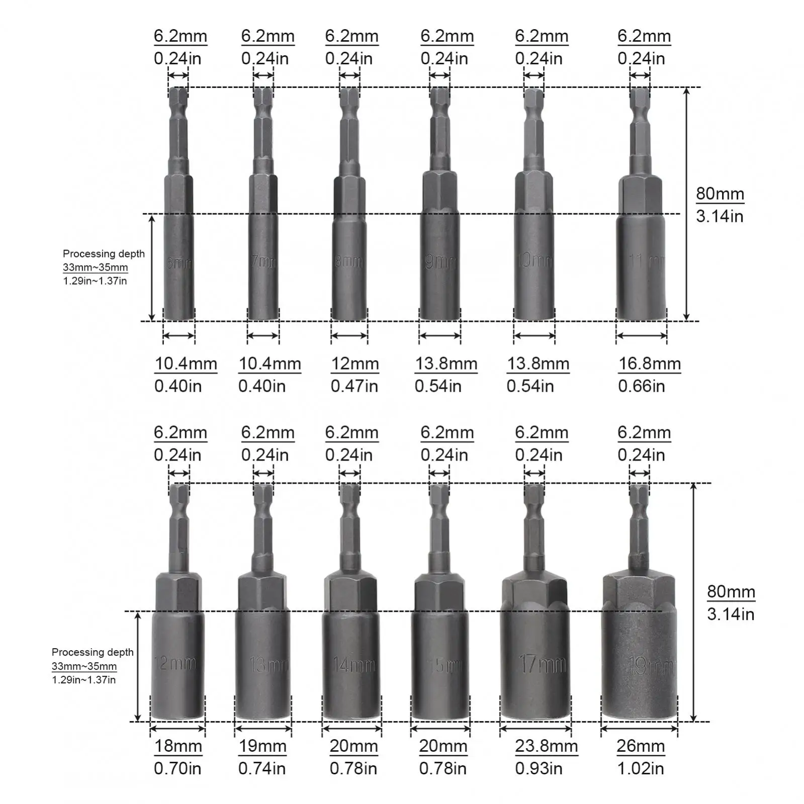 12pcs/set Deeper Magnetic Hexagon Sockets 6-19mm 1/4Inch Hex Shank Nut Setter Driver Drill Bits Set, Hex Shank Bolt Remover Tool