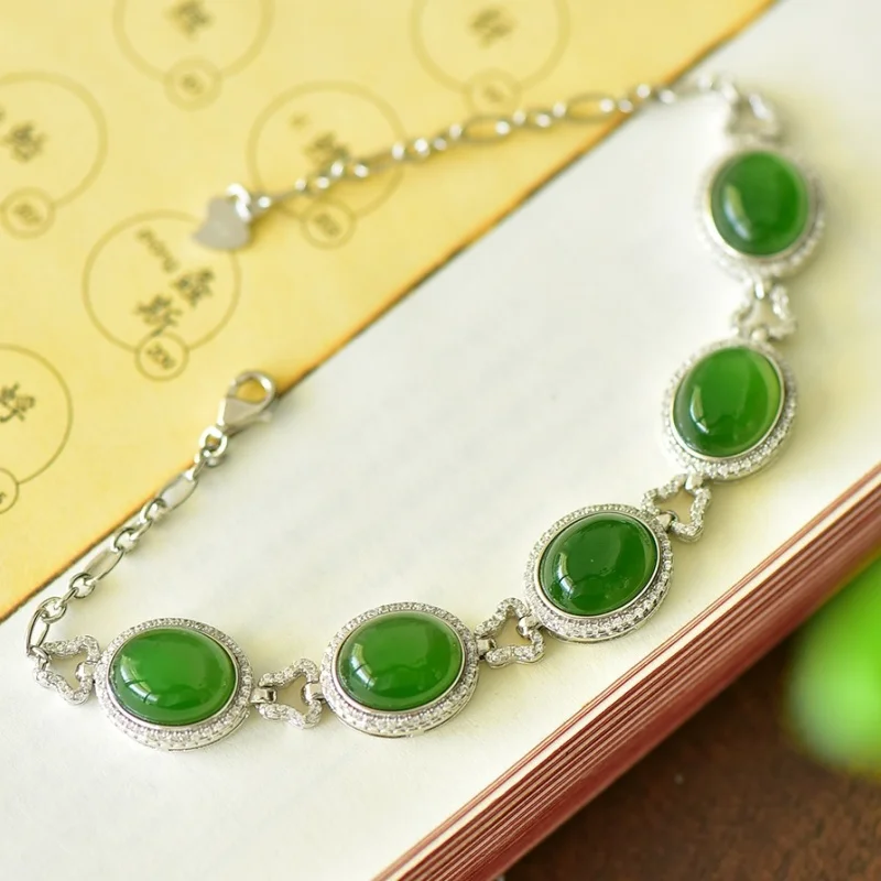 SGARIT Authentic Jadeite Natural Hetian Jade S925 Silver Inlay 12*18mm Cabochon Fashion Bracelet Fine Workmanship Fine Texture