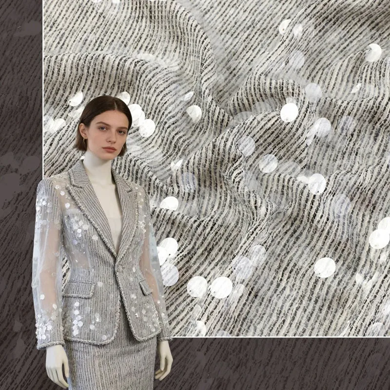 

Wide 130cm Transparent Sequin Embroidery Fabric, 18mm Large Round Sequins Design Cloth for Coat Evening Dress