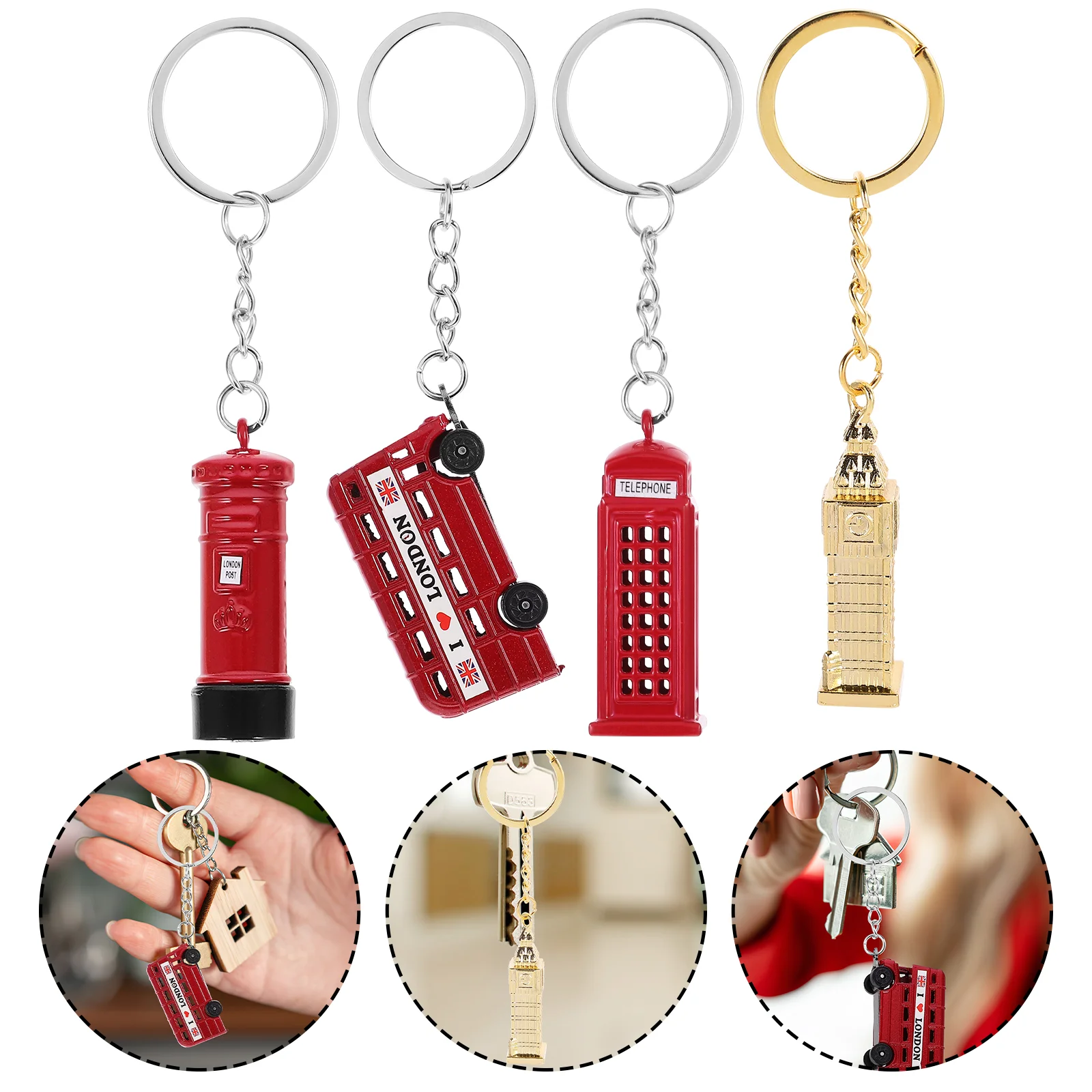 4pcs London Theme Key Chain Set Bus Keyring Souvenirs Keychain Telephone Booth Postbox Key Holder Set