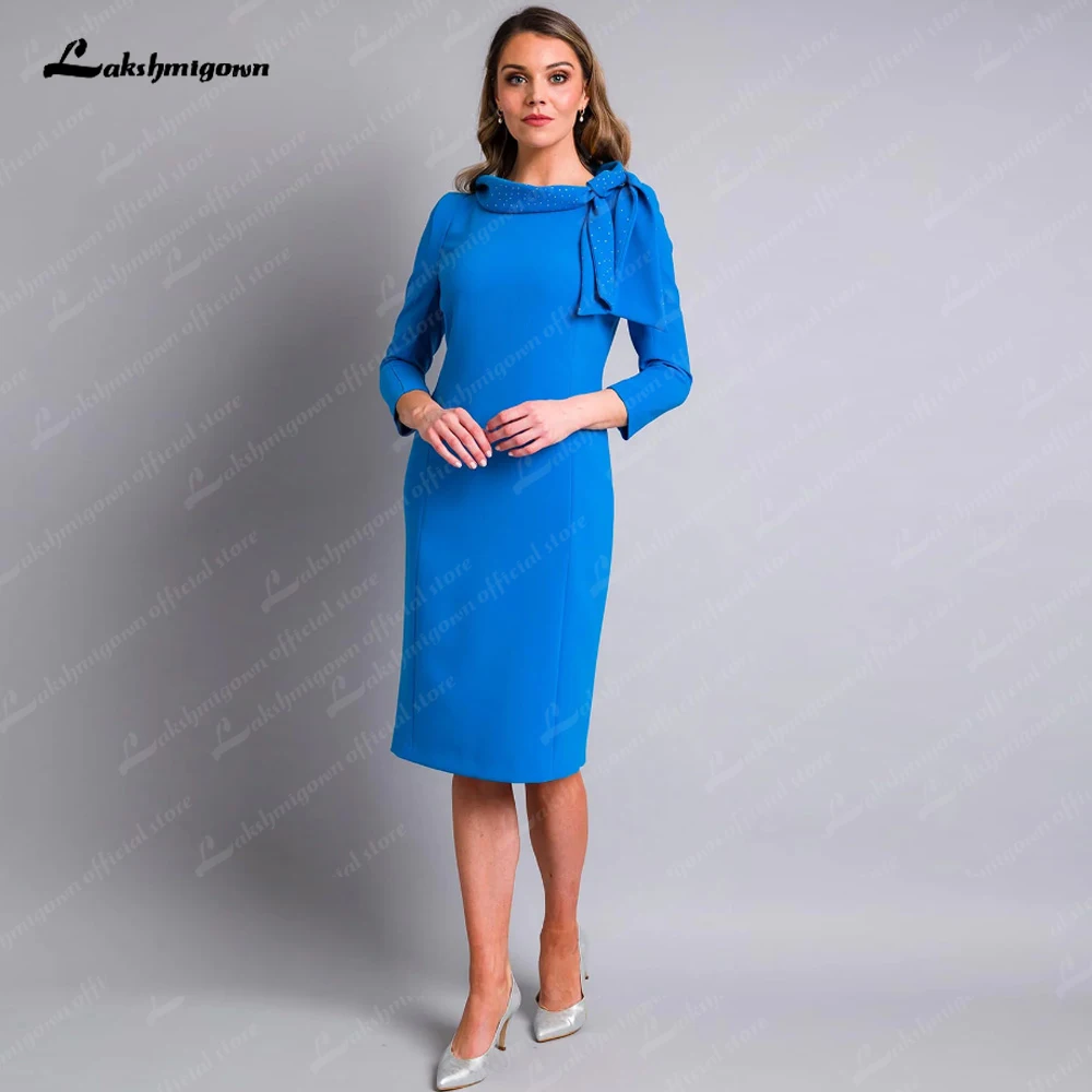 

Blue Mother Dress Vestido de Festa Casamento Knee-Length Scarf Wedding Guest Dress 3/4 Sleeves Vestido De Noiva 2022 Back Slit