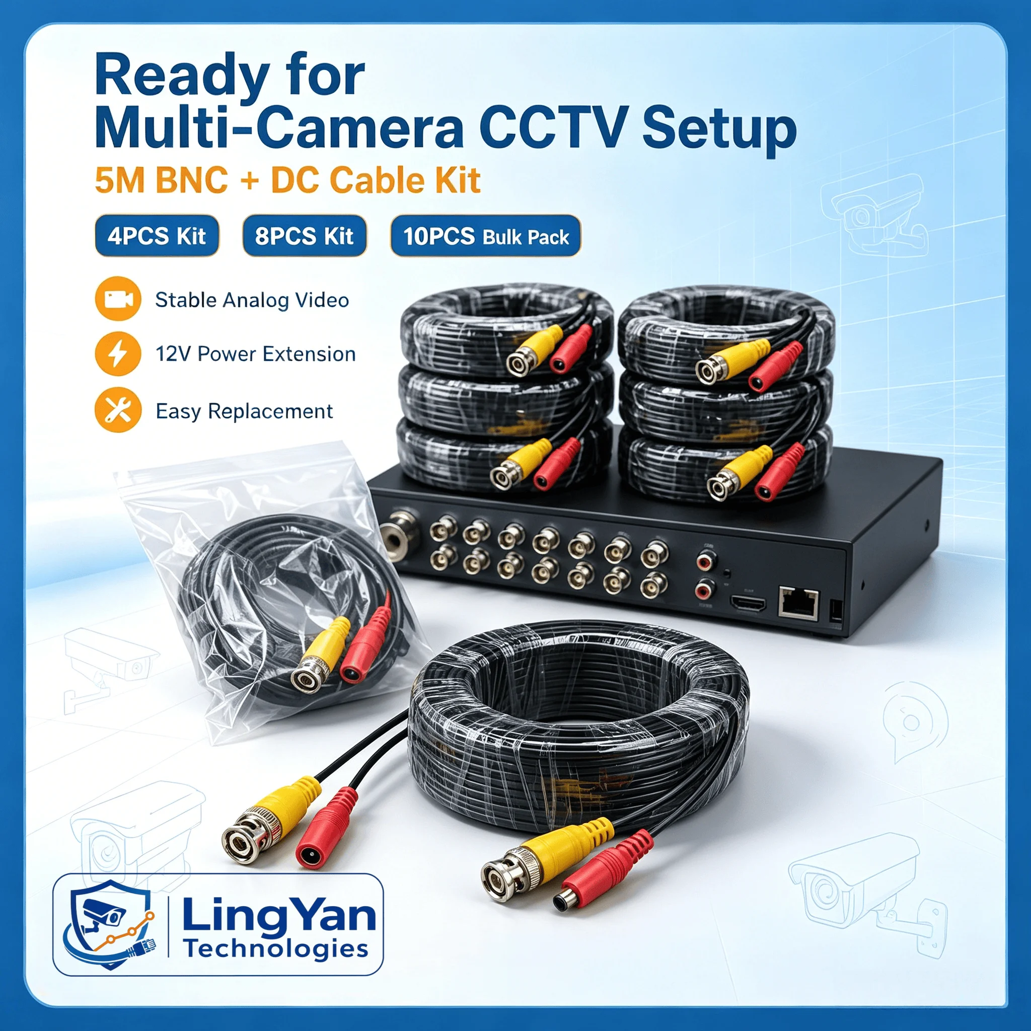 BNC Video DC Power Dual Function Wiring Kit 5M CCTV Cable 4PCS 8PCS 10PCS Fit AHD TVI CVI Analog DVR Monitoring System