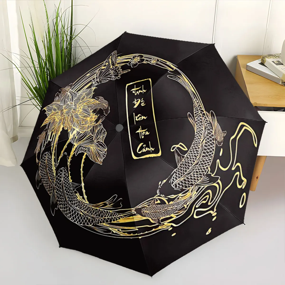 Golden Koi Fish and Lotus Art Circle on Black Background portable waterproof sun rain umbrella for outdoor travel beach