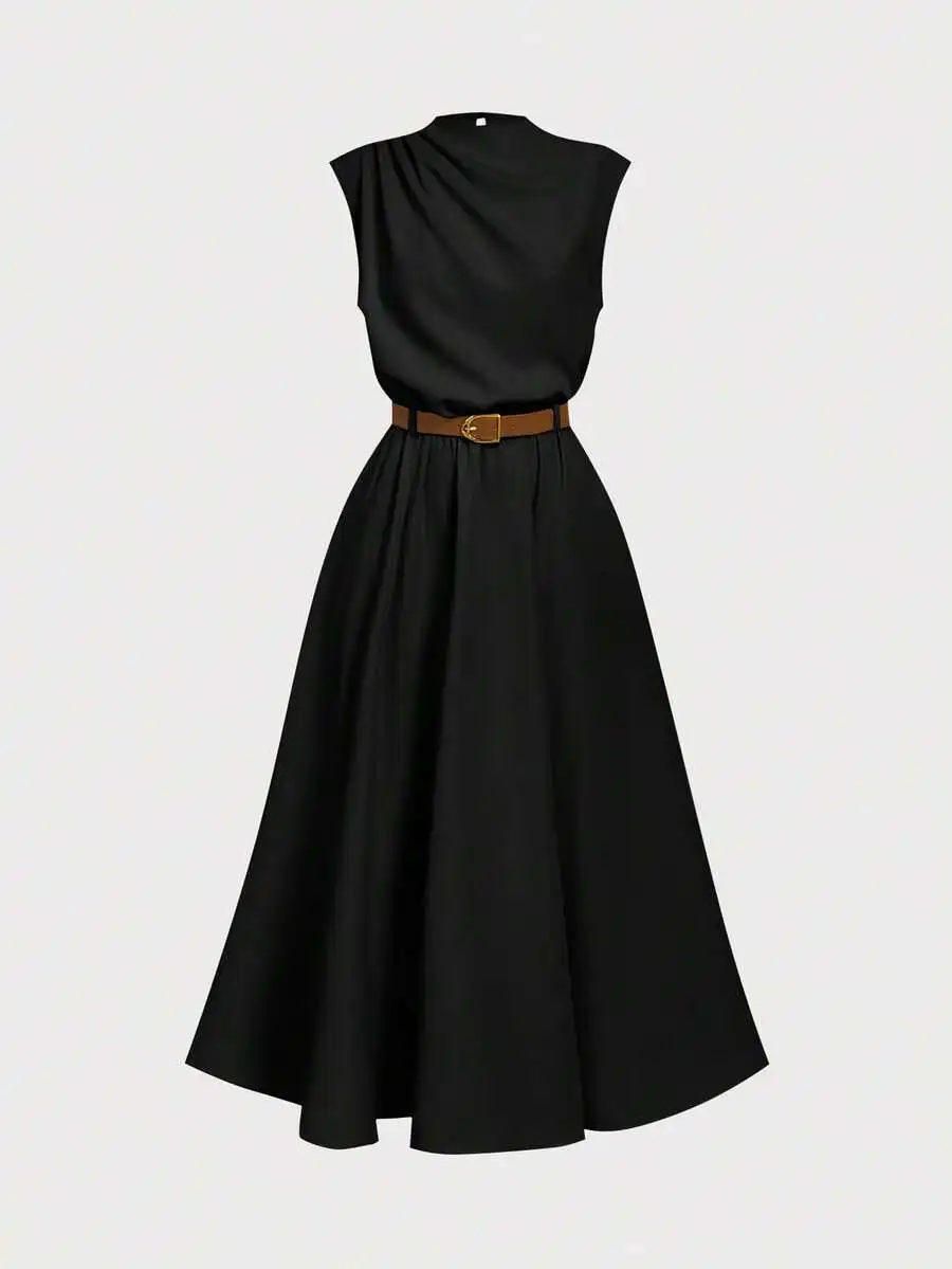 

Женское черное платье А-силуэта без рукавов с коричневым поясом, элегантный повседневный стиль