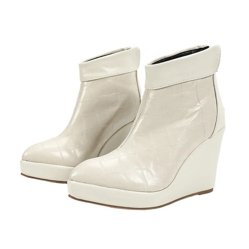 

2025 Autumn Early Winter Shoes Women High Heels Boots Pointed toe Fashion Ladies Wedges Shoes 10cm Black White Plus Size 42 D657