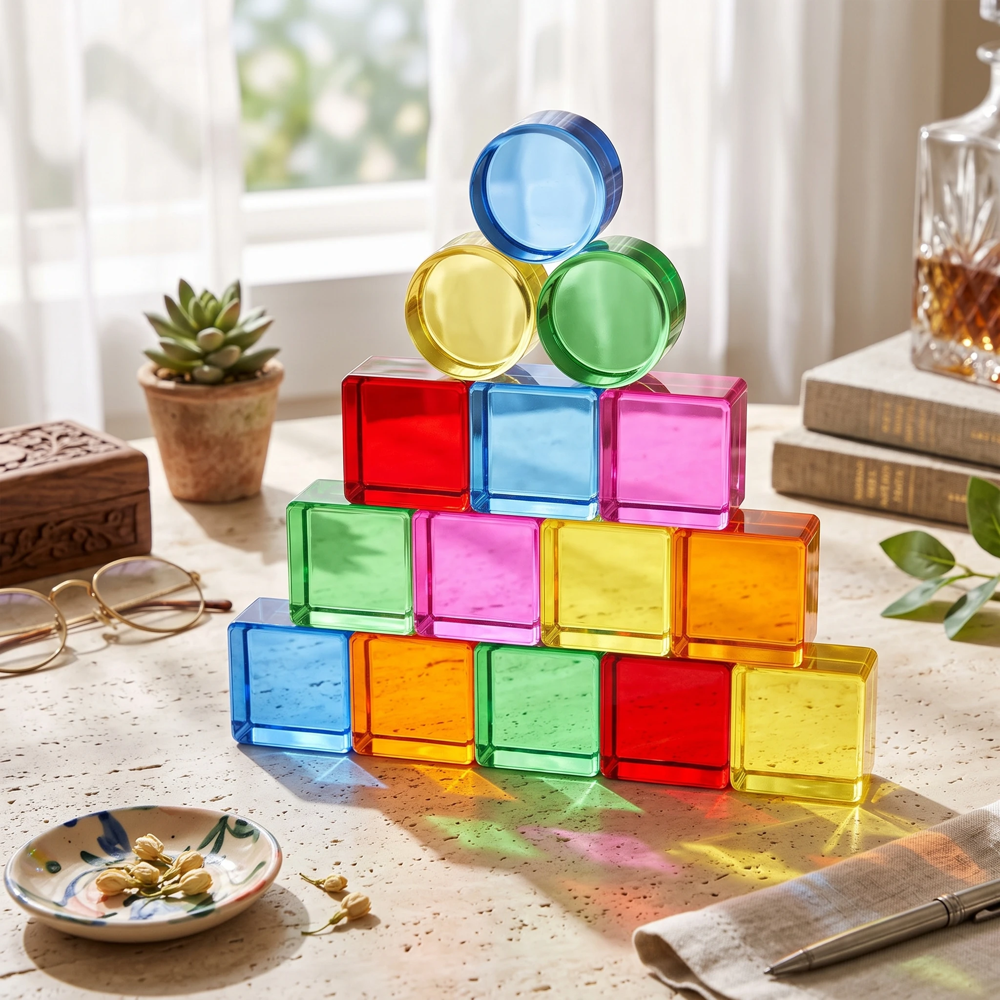Wooden Building Toy with Acrylic Inserts Translucent Sensory Blocks with Colored Panels Geometric Blocks with Acrylic