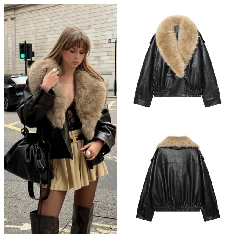 Guobioziy Women's Jacket 2026 Autumn Winter New Fashion Brown Textured Imitation Leather Jacket Detachable Large Fur Collar Wome