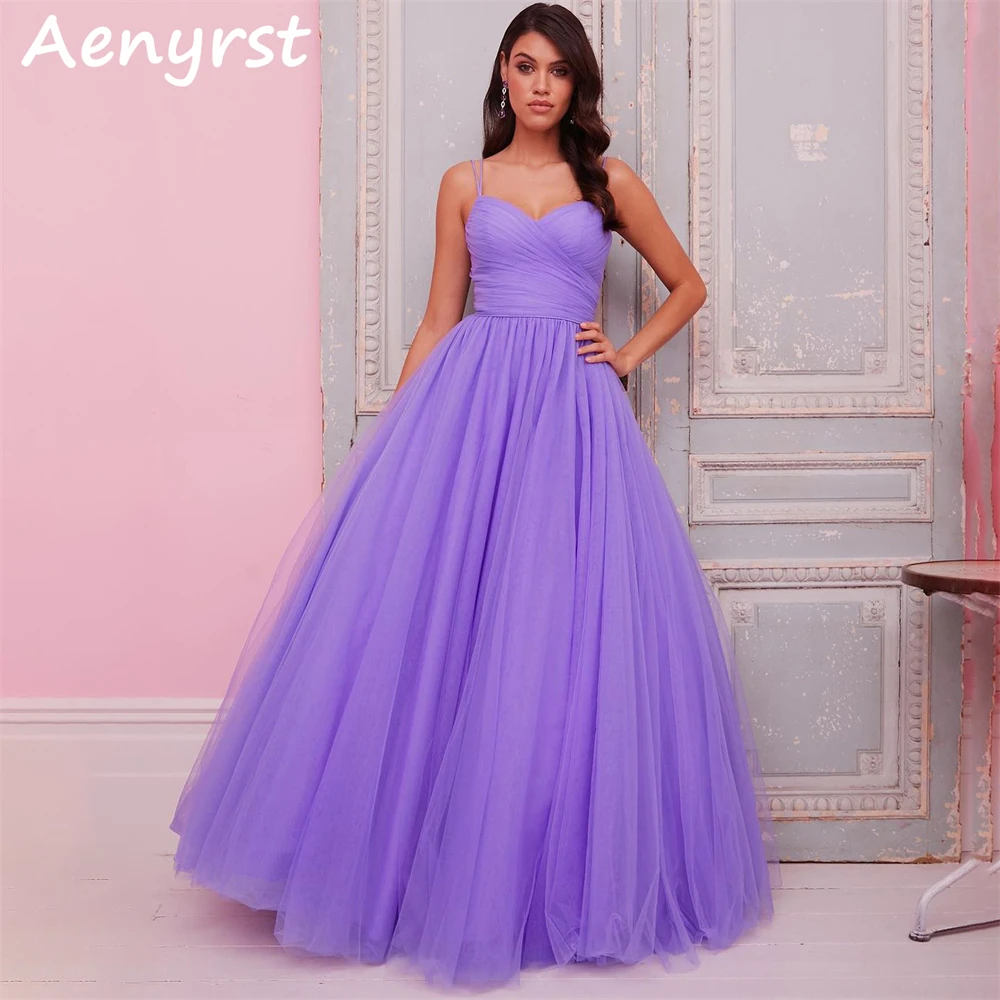 Aenyrst-Roxo Spaghetti Strap A Line Prom Dresses, Tule, Querida Voltar, Lace Up Evening Gowns, até o chão, Birthday Party Dress