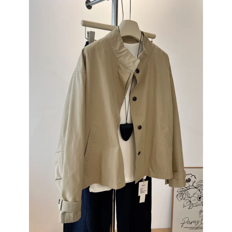 Old Money Womens Stand Collar Cargo Short Trench Coat Loose Casual Khaki Jacket Outerwear