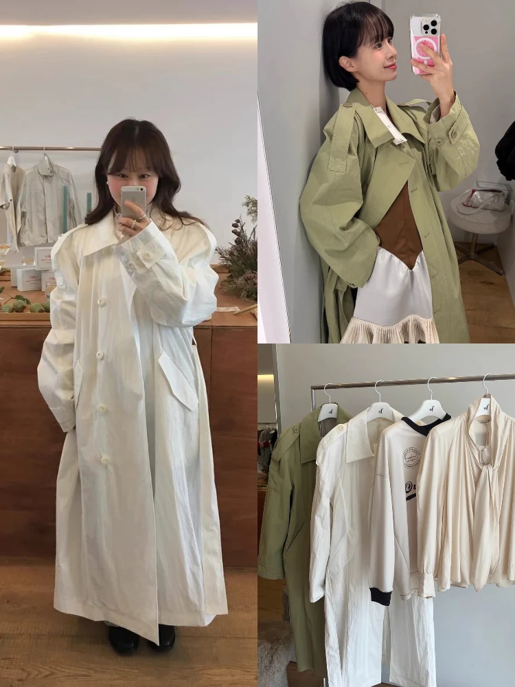 

Classic Sle Loose Fit Double Breasted Belted Windbreaker Outerwear Simple Ele Versatile Spring Autumn Collar Long ...