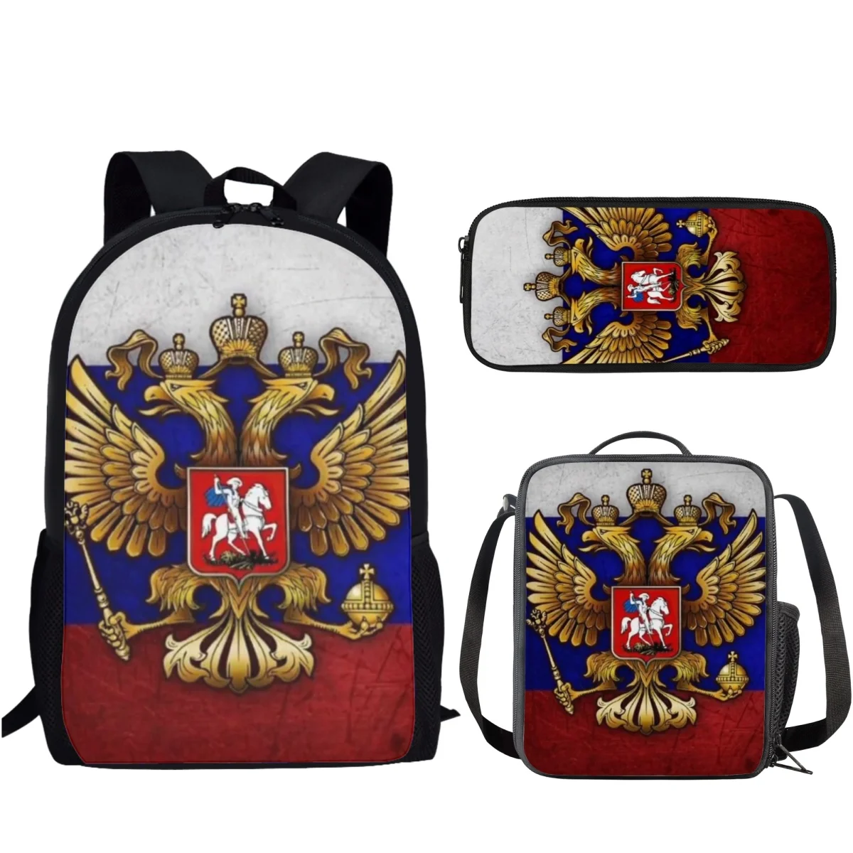 Saco escolar de grande capacidade para meninos e meninas, mochila infantil com lancheiras, presente do estudante, bandeira da Rússia, 3 peças