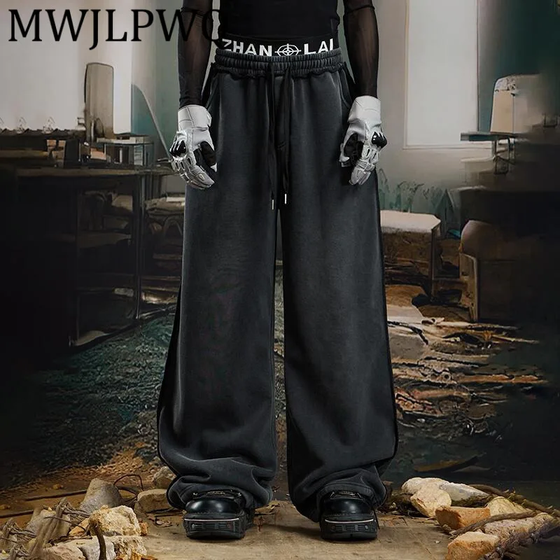 

MWJLPWQ нишевые дизайнерские потертые винтажные спортивные штаны с двойной талией и принтом для мужчин и женщин, уличные повседневные брюки свободного покроя 12729