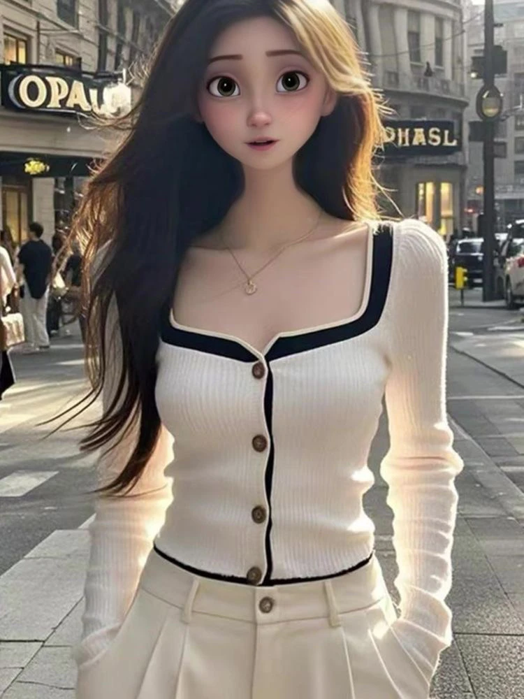 Elegant Plaid Women's Long Sleeve Shirt Square Collar Knitted Top Color Block Autumn New Style Slim Fit Cotton Commute Style