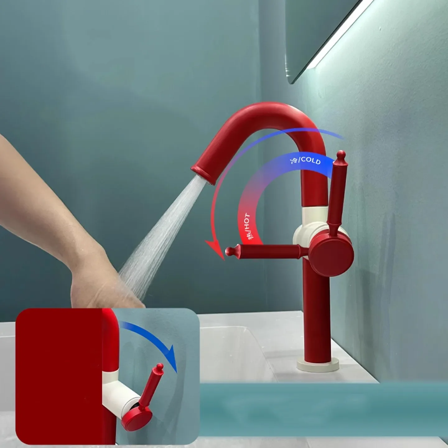 

White Red Bathroom Basin Faucet - Deck Mounted Sink Mixer Tap with Hot & Cold Water Rotation Crane Lavatory Tap