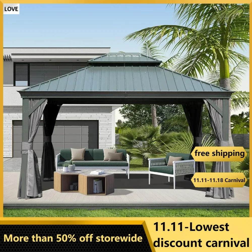 10x14FT Hardtop Gazebo, Outdoor Gazebo with Galvanized Steel Double Roof and Aluminum Frame Curtain and Netting, Pavilion Gazebo