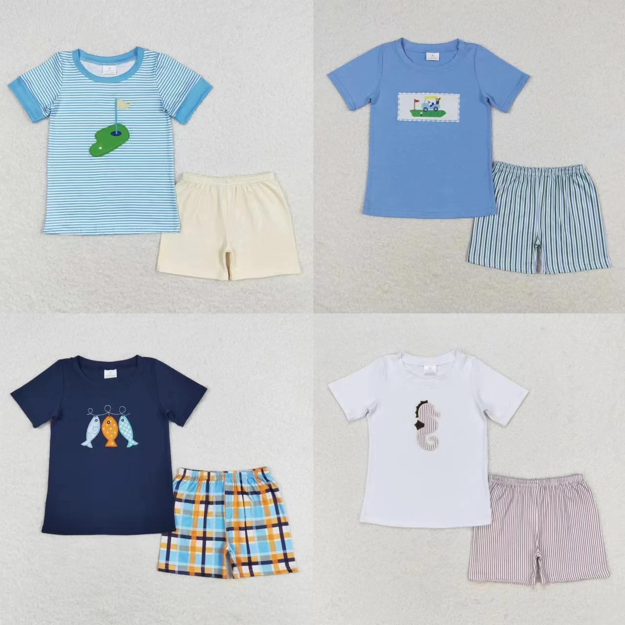 

Wholesale Children Embroidery Summer Sets Toddler Short Sleeves Cotton T-shirts Kids Shorts Baby Boy Infant Fish Ball Outfit