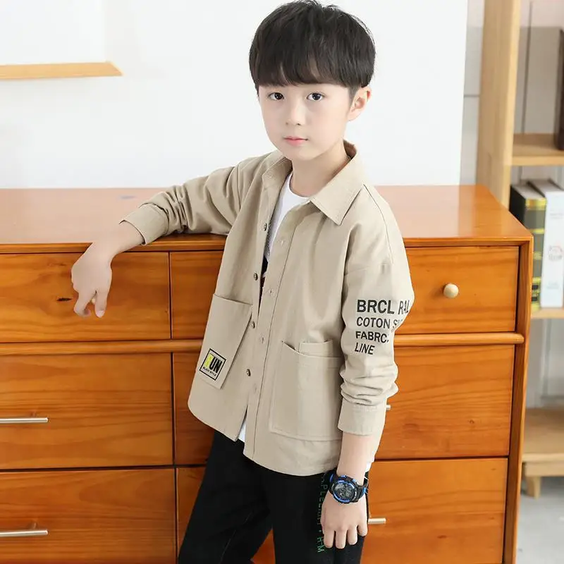 Boys Long-sleeved Shirts Spring Autumn Child Tops Formal Wear Outer Jacket Lapel Coats 8 9 10 11 12 Years Old All-match Blouses