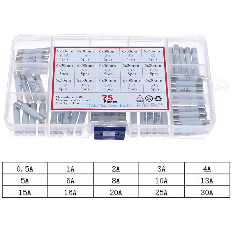 75pcs 6mm x 30mm 250V Fast Blow Ceramic Fuse Assortment Mixed Box kit 0.5A 1A 2A 3A 4A 5A 6A 8A 10A 13A 15A 16A 20A 25A 30A