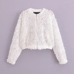 Tangada 2024 Women Mesh Flowers Oversized Crop Jacket Coat Long Sleeve Female Zipper Outwear 6P069