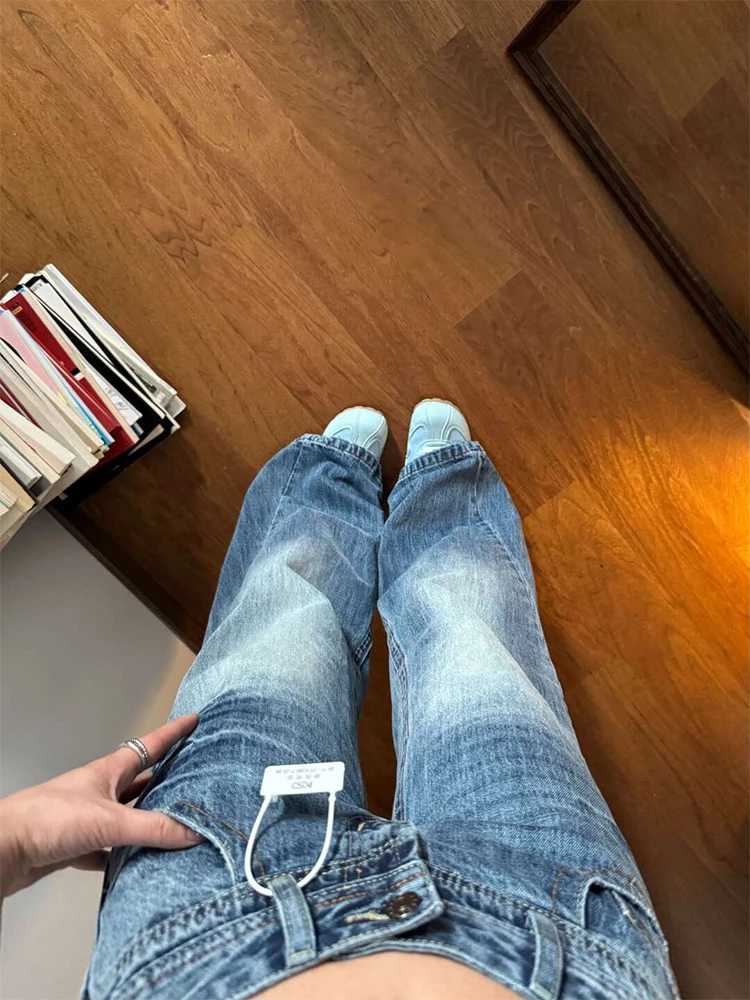Retro High Street Washed Blue Micro Flare Denim Jeans Women's Spring Autumn New American Lightning Pattern Straight Leg Pants