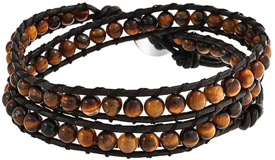 Brown Tiger Eye Layered Bracelet for Women Genuine Black Brown Leather Strand Double Layer Wrap Bracelet for Men