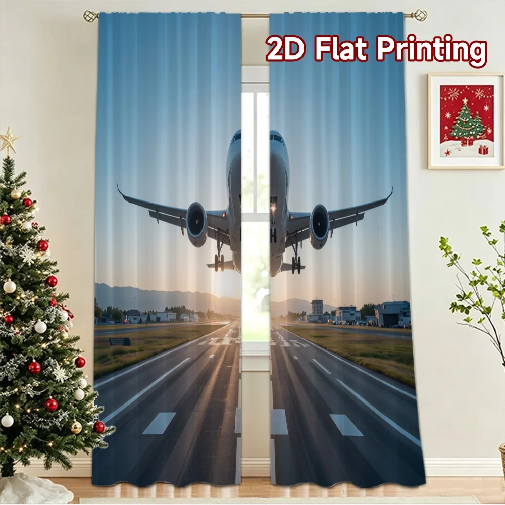2D flat 2pcs Curtain Modern Minimalist Style Airplane Taking Off Digitally printed polyester, colorfast Holiday Decorations for