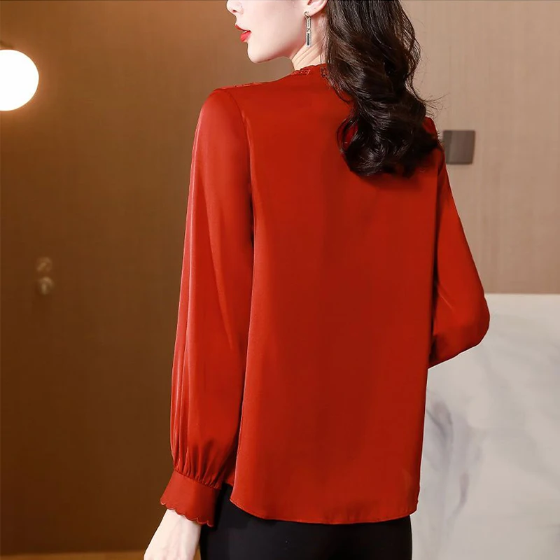 Spring Autumn Simple Vintage Embroidery Solid Color Office Lady Shirt Long Sleeve All-match Elegant Hollow Out Chic Blouse Women