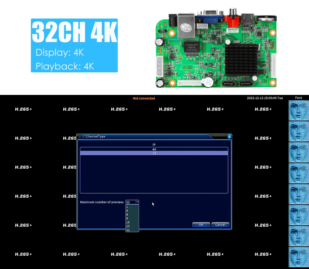 Imagem -05 - Chip Cctv Network Video Recorder Mother Board Suporte Face Detection Onvif Câmera ip 5mp 8mp 9ch 16ch 32ch 4k Nvr H.265 Mais ip xm