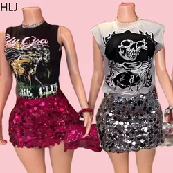 HLJ Y2K Trend Streetwear Women Graphic Letter Sleeveless Tshirts And Sequin Mini Skirts Two Piece Sets Fashion Club 2pcs Clothes