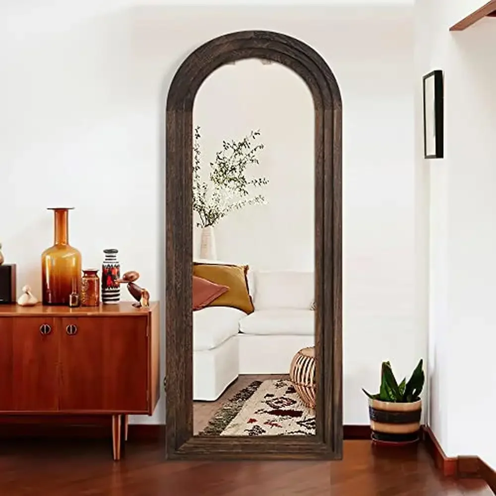 Solid Wood Frame Arched Full Length Mirror Rustic Country Style Dressing Mirror with Burst-Proof Glass Vertically Hanging Wall