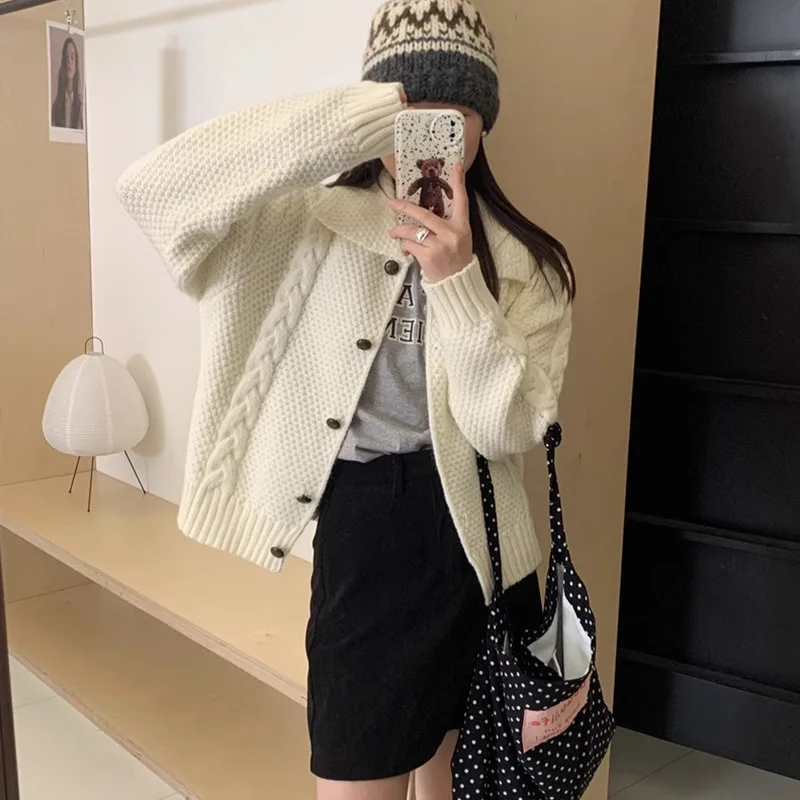 Korobov Japanese Lazy Lapel Cardigan Female Sueter Mujer New Age Reduction Sweet Sweater Solid Coat Soft Waxy Knit Cardigan