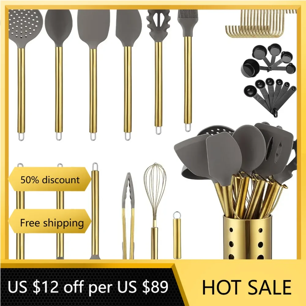 

Набор золотой кухонной утвари, Kyraton, набор из 38 предметов с антипригарным покрытием, набор лопаток, можно мыть в посудомоечной машине