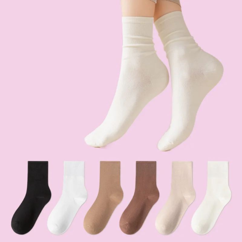 

3/5 Pairs Summer Thin Solid Color Cotton Socks Autumn Confinement White Pile Socks Boneless Socks Women's Mid-tube Socks