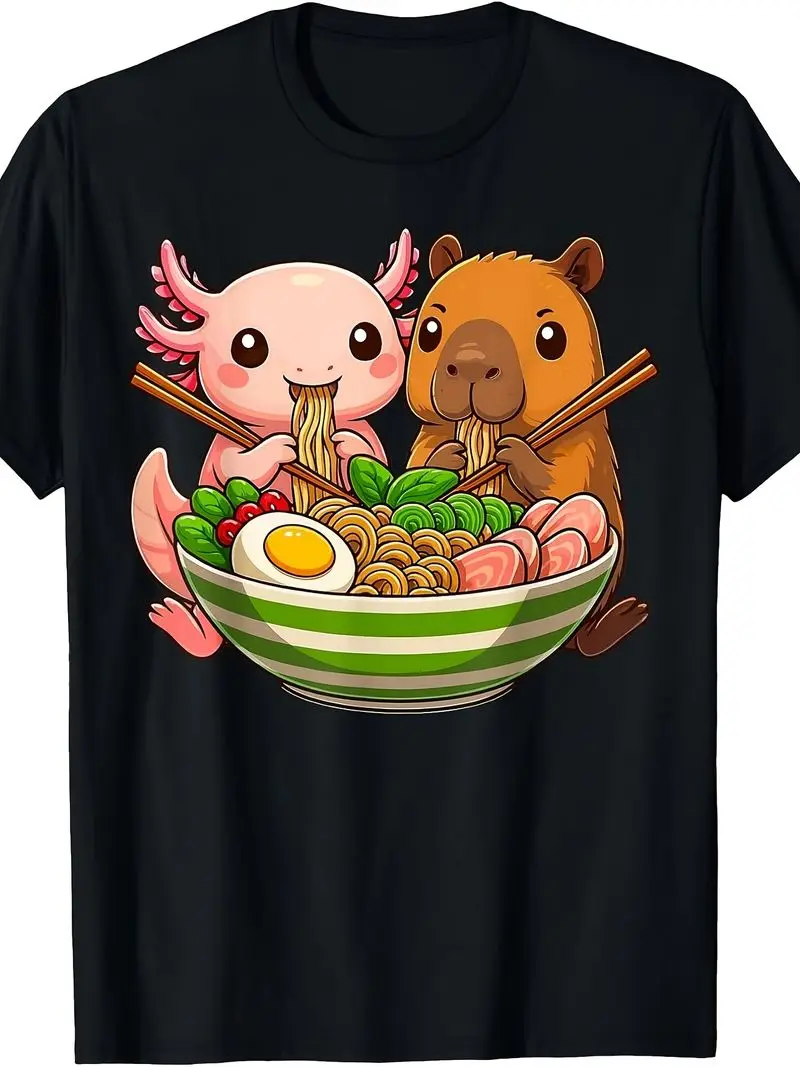 Axolotl Axolotl And Capybara Eating Ramen Noodles T-Shirt Vintage Style Crew Neck Slight Stretch Regular Fit All-Season Moisture-Wicking - Aliexpress Deal