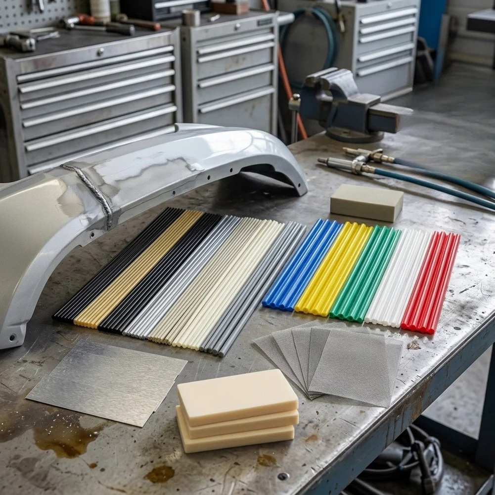 Plastic Welding Rod Kit for Car Plastic Component Repair Includes 20cm 25cm 33cm Rods Mesh Sponge and Tape Bundle