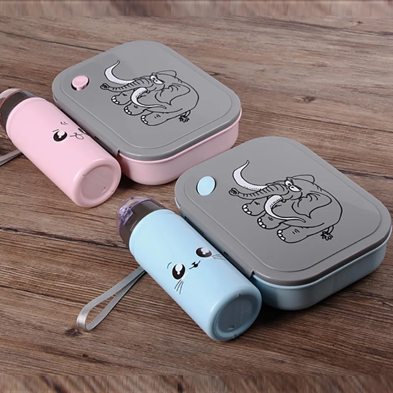 Cartoon Bento Box with Kettle Set Microwaveable Portable Lunch Box Elephant Pattern Kids Snack Box Food Storage Box