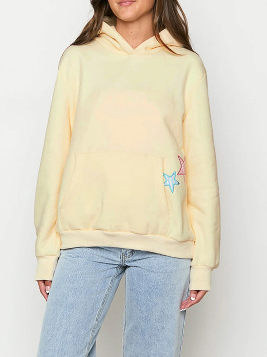 Sudadera con capucha con bordado de estrellas para mujer, sudadera con capucha de manga larga y bolsillo, jersey informal, ropa de calle para invierno y otoño