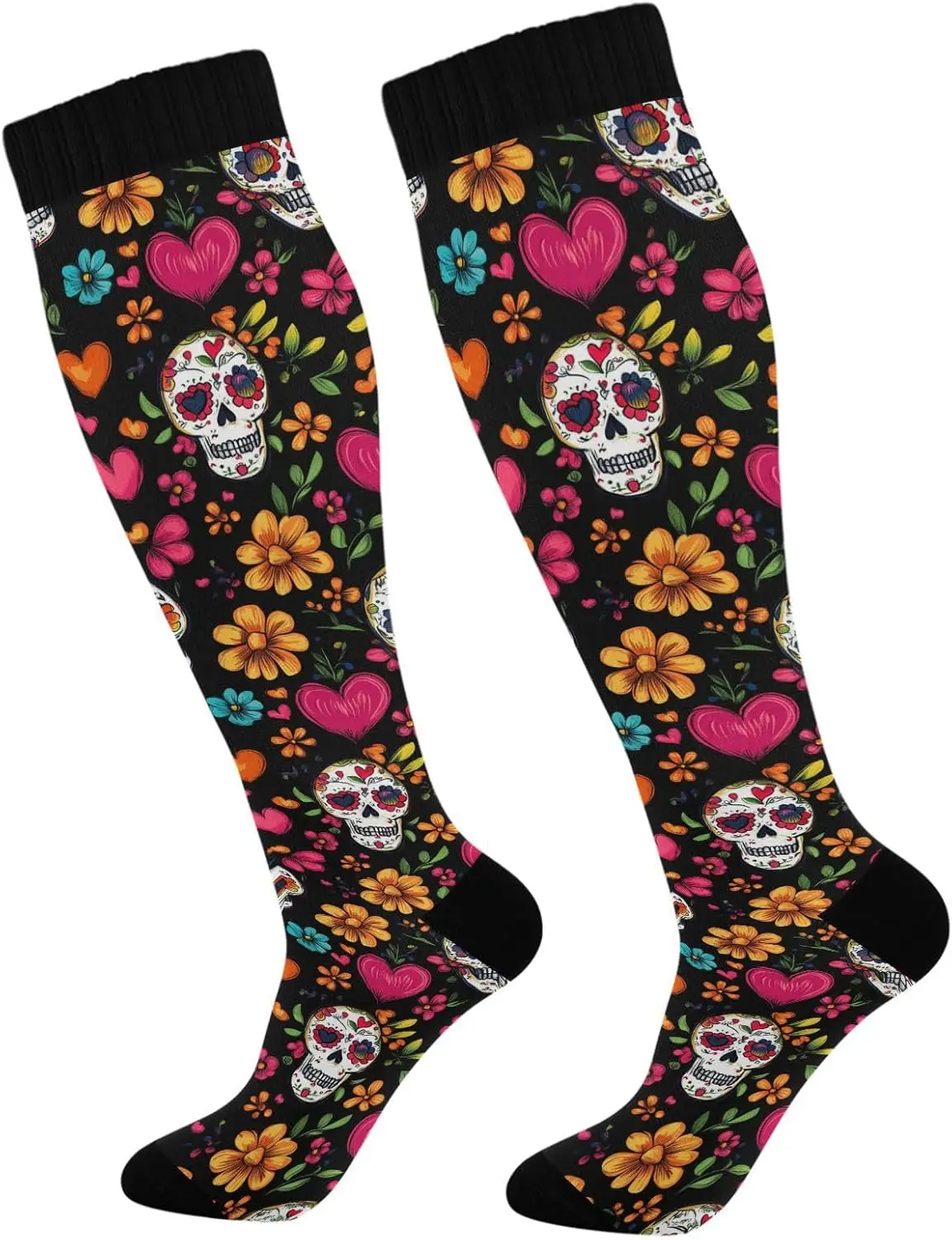 Skull Pattern Day of The Dead Compression Socks for Women and Men Circulation Sugar Skulls Long Socks for Athletic Running