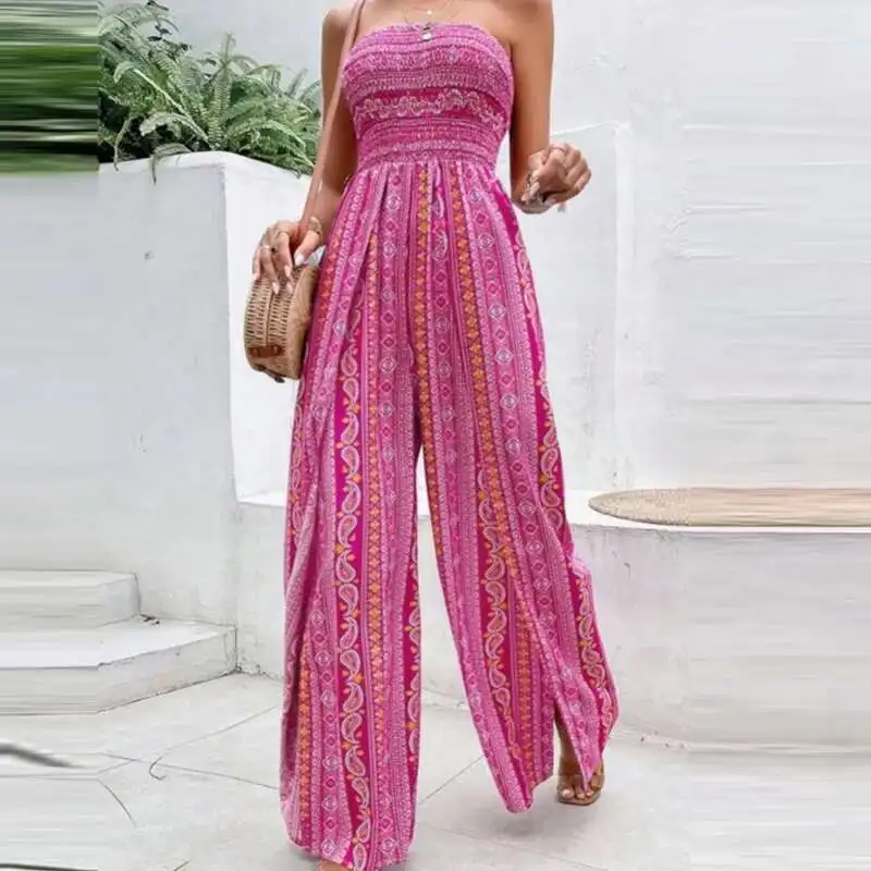Casual Bohemian Hohe Taille Lange Hosen Strampler Neue Sommer Liebsten Gedruckt Frauen Overall Mode Off Schulter Breite Bein Overall