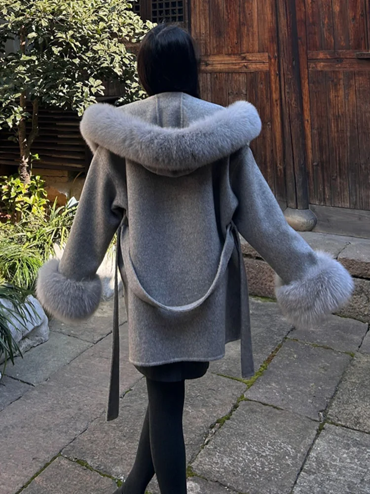 2025年冬 レディース 暖かい本物の天然フォックスファーコート 100%ウール ウールカシミヤ フード付きジャケット 高級厚手女性用コート