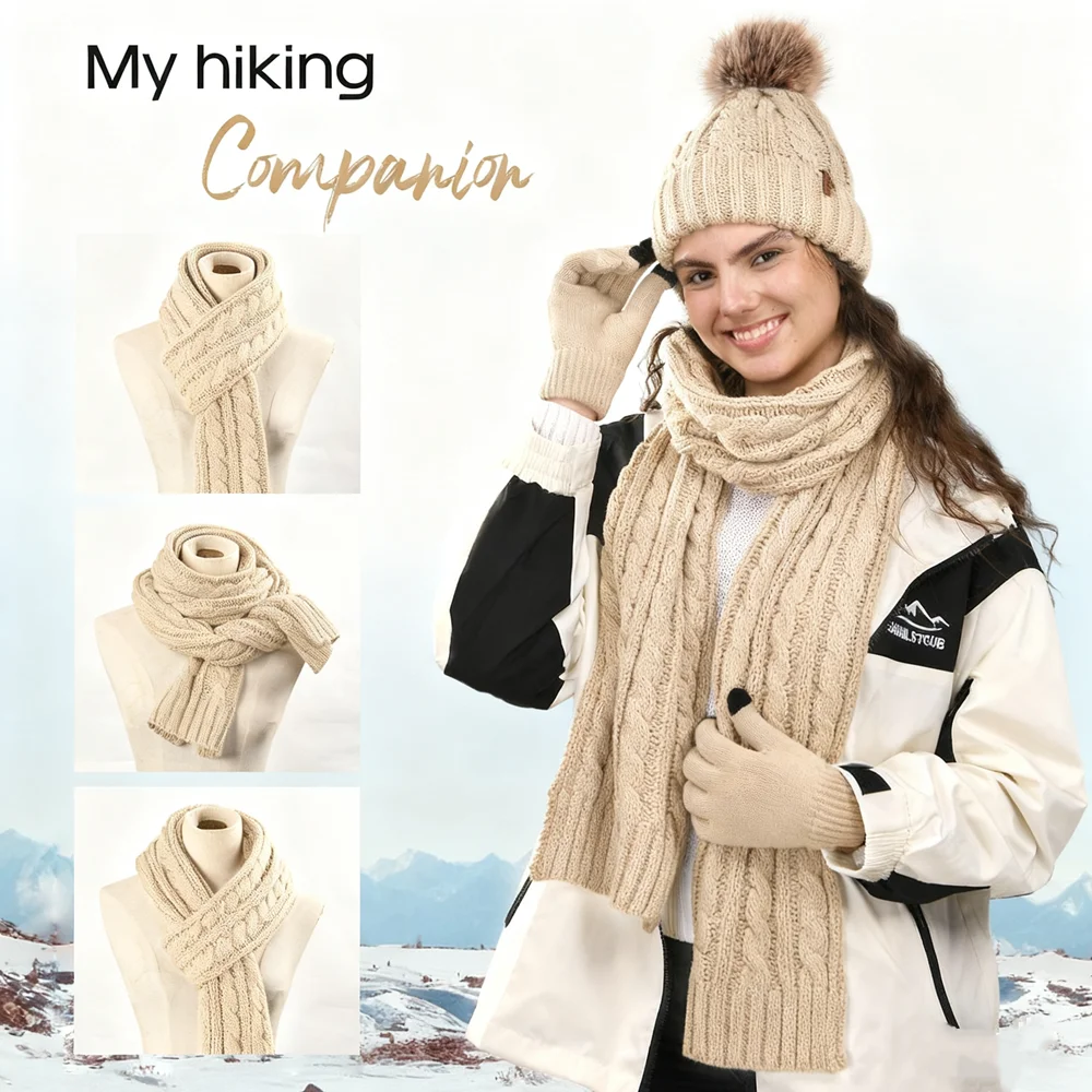 FURTALK 3点セット 冬用帽子 手袋 スカーフセット 女性用 取り外し可能なポンポン付き フリース裏地付き スカルキャップ タッチスクリーン対応手袋とスカーフ