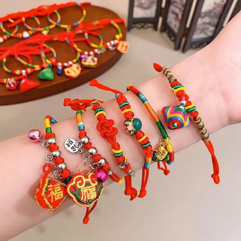 Children's Embroidery Tiger Zongzi Bracelets For Kids Girls Handmade Braided Red Rope Bracelet Prayer Friendship Jewelry