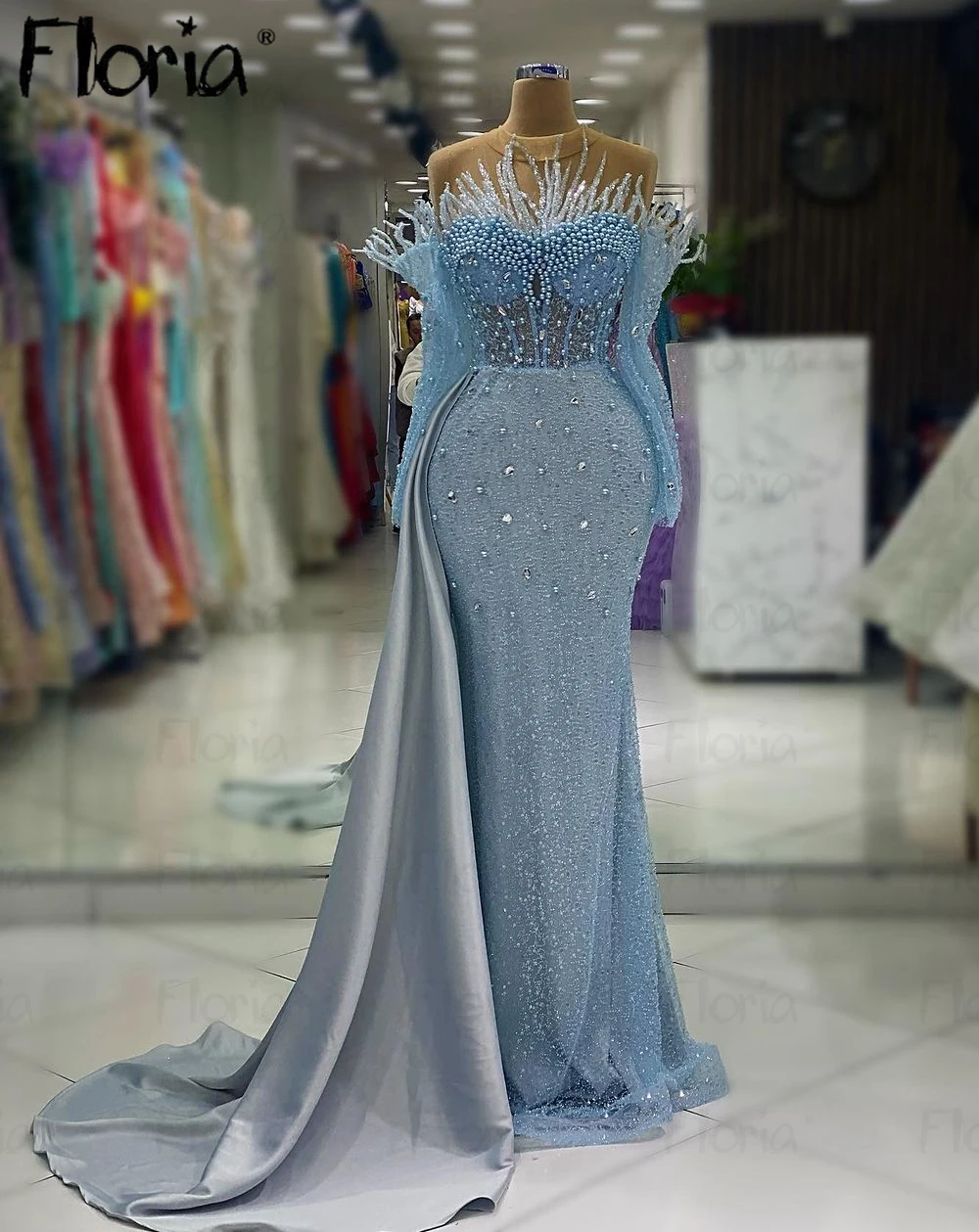 

Sparkly Mermaid Long Sleeve Evening Dress Side Train Arabic Full Beaded Prom Party Gowns Custom Made Plus Size Celebrity Dresses